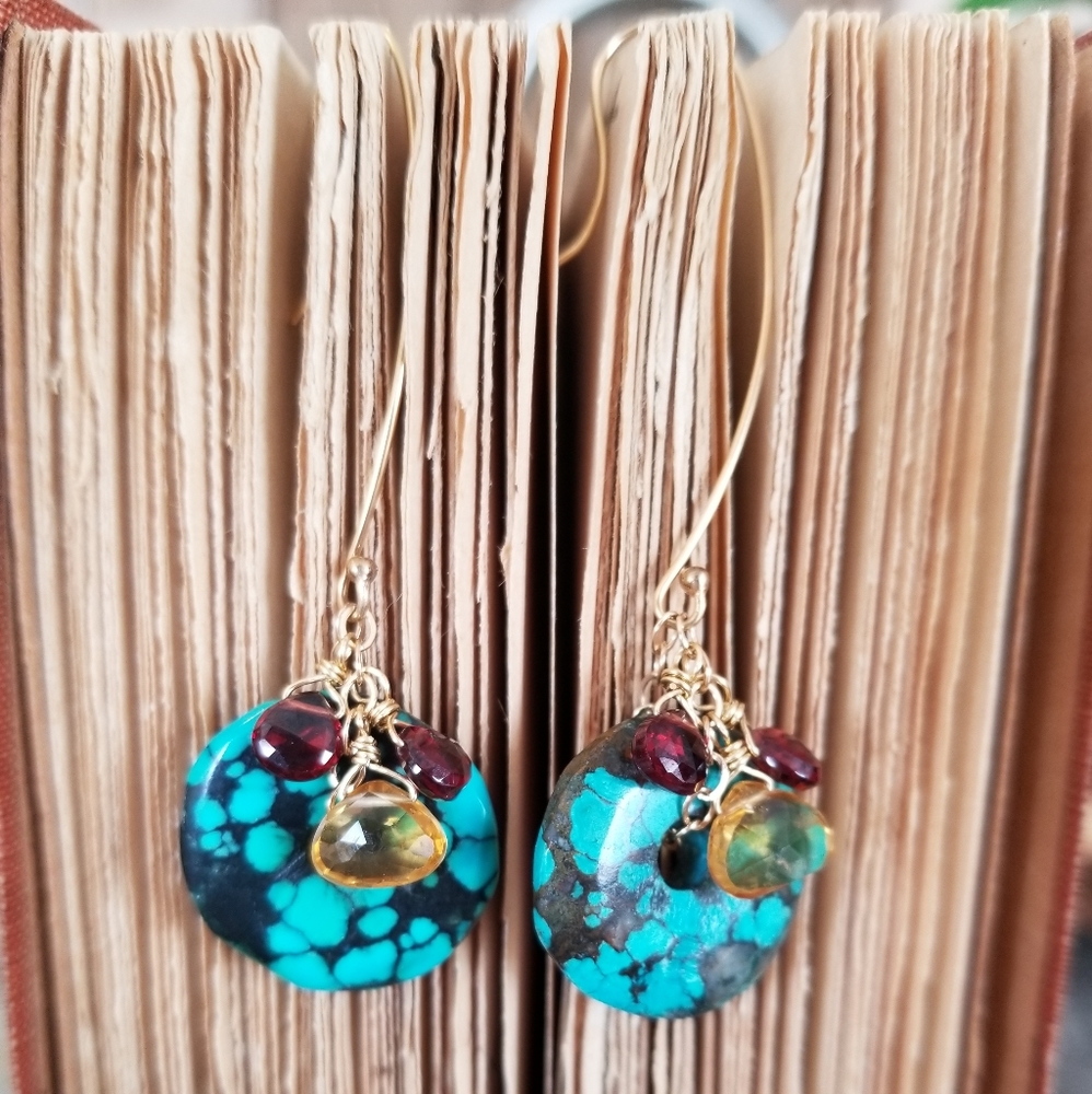 Gf turquoise, garnet and citrine earrings